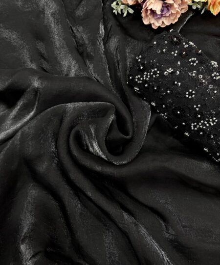 Women's Classic Black Shimmer Saree with All-Over Sequin Embellished Blouse Piece