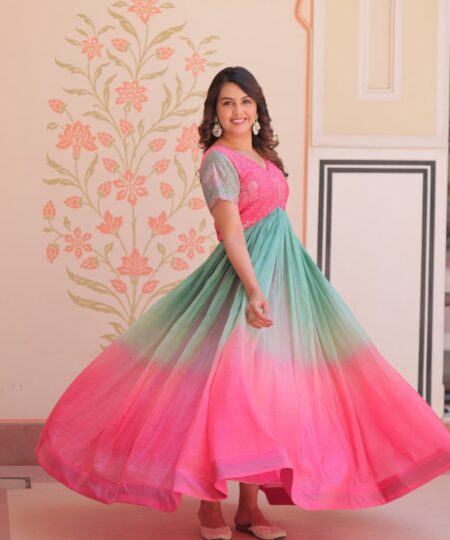 Women's Dual-Tone Ombre Gown in Candy Pink & Aqua Green with Embroidered Bodice – Festive & Contemporary Wear