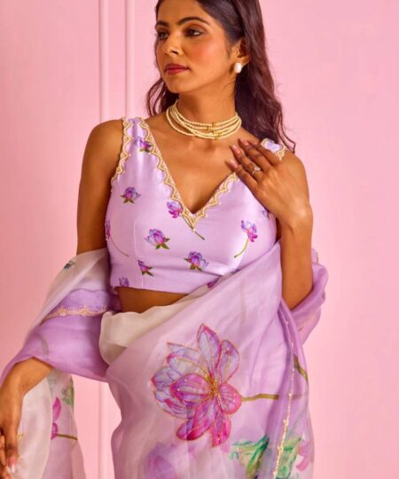 Women's Exquisite Lavender & White Organza Saree with Hand-Painted Lotus Floral Motifs & Gold Embellished Border – Complete with Matching Printed Blouse for Festive & Special Occasions