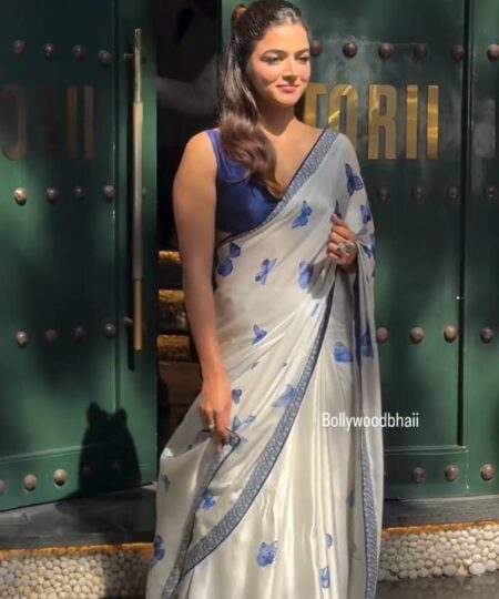 Women's Chic Snow White Georgette Saree with Vibrant Blue Butterfly Digital Print & Contrasting Border – Perfect for Casual Outings & Day Events