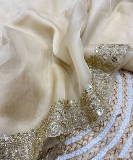 Luxurious Ivory Organza Dupatta with Heavy Golden Sequin & Zari Cutwork Border – Perfect for Weddings & Festive Layering