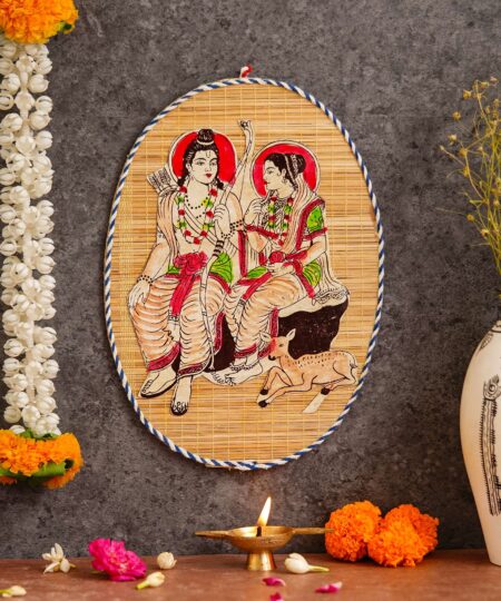 Oval Shaped Design Bamboo Hand Crafted Wall Hangings Of Shri Ram Ji With Janaki Ji For Home Decor | Bamboo Art For Wall Decor