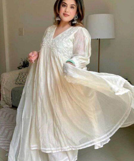 Women's Chanderi Silk Embroidered Anarkali Kurti With Pant and Dupatta