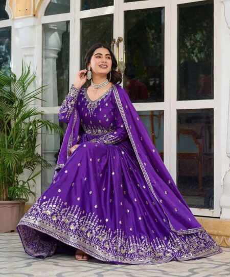 Women's American Silk Sequence Embroidery Long Anarkali Kurti (Gown) With Dupatta