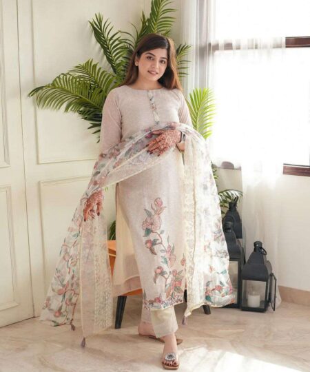 Women's Lilan Cotton Floral Printed Straight Pakistani Kurti with Pant and Dupattta