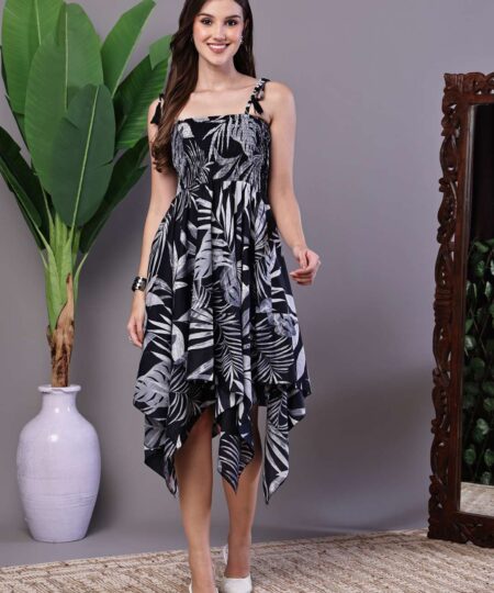 Women's Black & White Leaf Print Cotton Handkerchief Hem Dress Midi Dresses