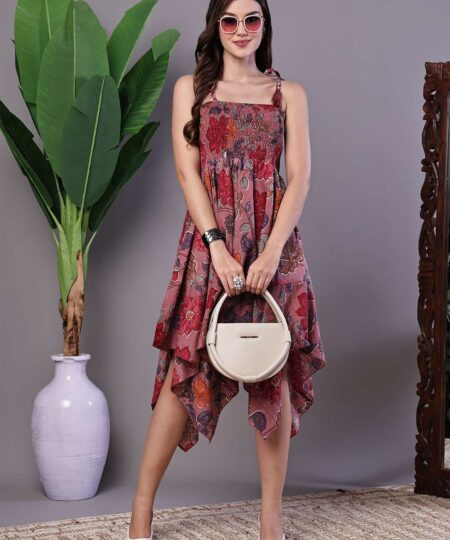 Women's Maroon Floral Printed Cotton Handkerchief Hem Midi Dress