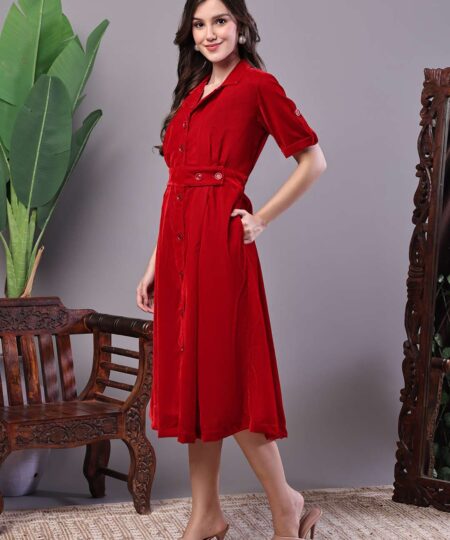 Women's Red Velvet Solid Printed Shirt Midi Dress with Belt