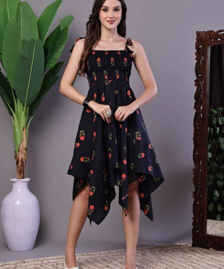 Women's Black Floral Printed Cotton Handkerchief Hem Dress Midi Dresses