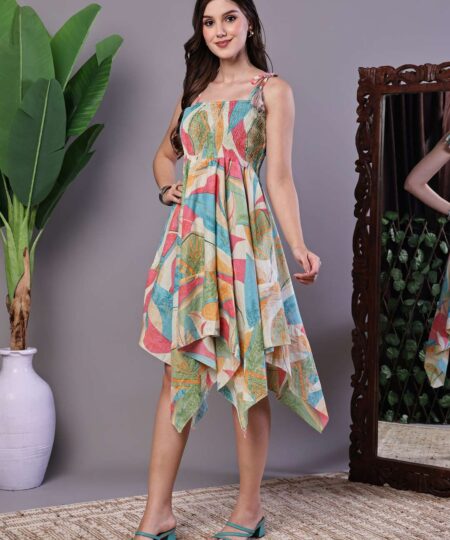 Women's Multicolor Printed Cotton Handkerchief Hem Dress Midi Dresses