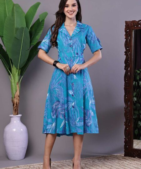 Women's Blue Floral Cotton Pleated Midi Dress with Collar