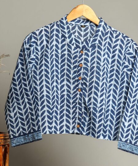 Hand Block Printed Cotton Shirt for Women ? Indigo Blue Leaf Print Button-Down Top with Long Sleeves