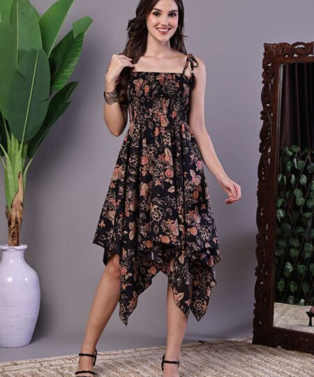 Women's Black Floral Printed Cotton Handkerchief Hem Dress Midi Dresses
