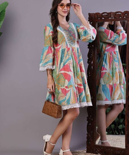 Wome's Multicolor Printed Cotton A-Line Dress with Embroidered Yoke Midi Dresses