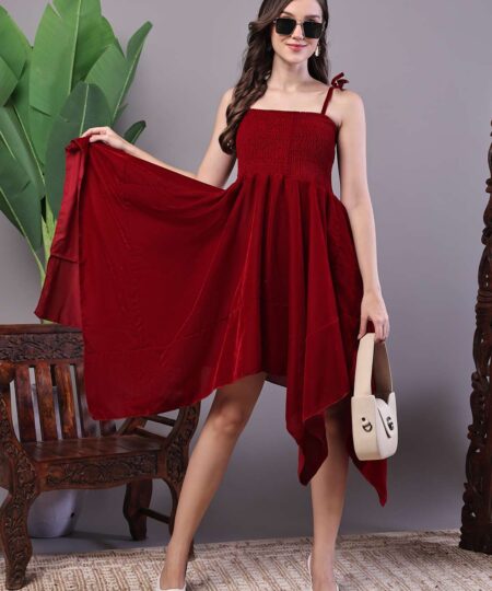 Women's Junglee Velvet Maroon Handkerchief Hem Dress