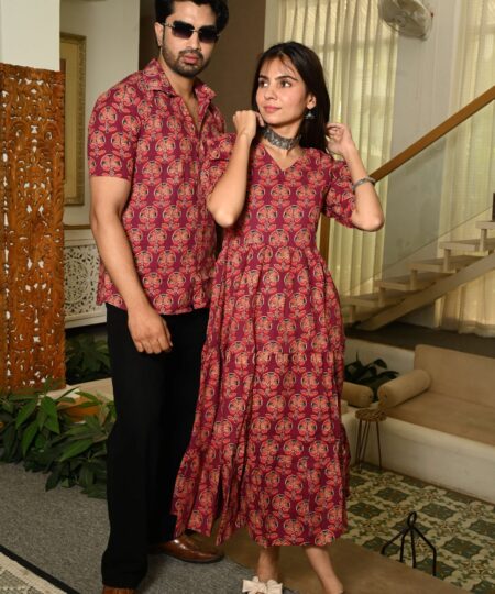 Couple Matching Red Cotton Anarkali Midi Dress and Shirt Set ? Floral Block Print