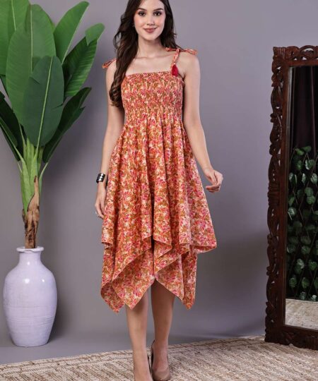 Women's MultiColor Floral Printed Cotton Handkerchief Hem Dress Midi Dresses